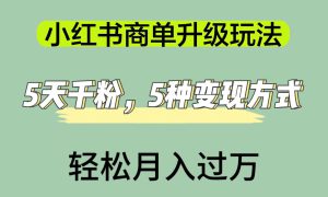 小红书商单升级玩法，5天千粉，5种变现渠道，轻松月入1万