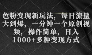 色粉变现新玩法，每日流量大到爆，一分钟一个原创视频，操作简单，日入1000