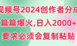 视频号2024创作者分成，片片爆火，要求必须会复制粘贴，日入2000