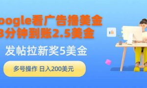 Google看广告撸美金，3分钟到账2.5美金，发帖拉新5美金，多号操作，日入…