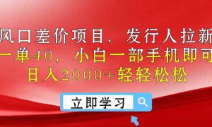 风口差价项目，发行人拉新，差价一单40，小白一部手机即可操作，日入20…