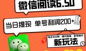 2024最新微信阅读6.50新玩法，5-10分钟 日利润200 ，0成本当日提现，可矩阵多号操作