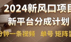 2024风口项目，新平台分成计划，两分钟一条视频，单号轻松上手月入9000