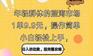 年轻群体的蓝海市场，1单9.9元，操作简单，小白轻松上手，日入四位数，送完整攻略