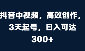 抖音中视频，高效创作，3天起号，日入可达300