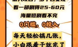 懒人项目，多平台变现，看一部剧得25~60元，海量短剧看不完，0门槛，0投入，小白跟着干就完了。