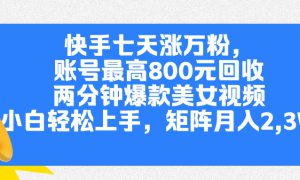 快手七天涨万粉，但账号最高800元回收。两分钟一个爆款美女视频，小白秒上手