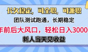 日入3000 ，团队测试跑通，长久稳定，新手当天变现，可全职，可兼职