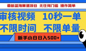 最新蓝海赛道项目，视频审核玩法，10秒一单，不限时间，不限单量，新手小白一天500