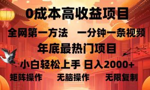 0成本高收益蓝海项目，一分钟一条视频，年底最热项目，小白轻松日入2000＋